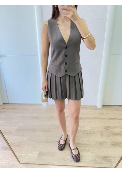 Keten Takım Görünümlü Düğme Detaylı Yelekli Mini Elbise - Füme