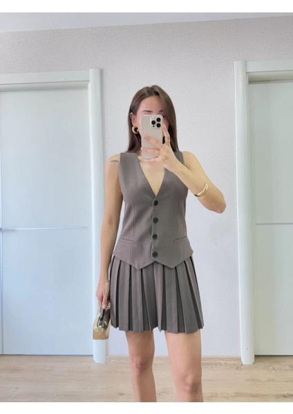 Keten Takım Görünümlü Düğme Detaylı Yelekli Mini Elbise - Füme fiyatları