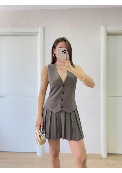 Keten Takım Görünümlü Düğme Detaylı Yelekli Mini Elbise - Füme modelleri