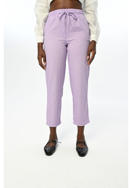 Kadın Rahat Kalıp Beli Lastikli Desenli Düz Renk Pantolon