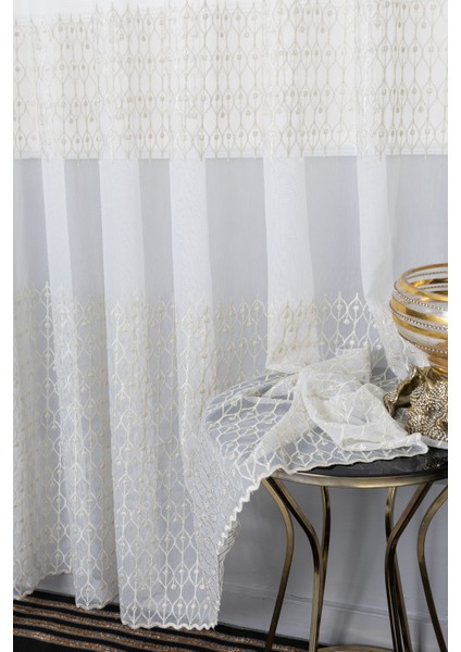 Kayra Gold Işlemeli 1/2 Orta Pileli Ütü Istemez Kırışmaz Yeni Sezon Salon Oda Tül Perdesi