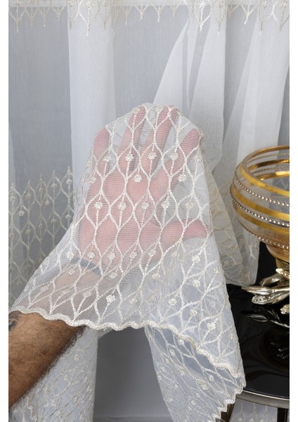 Kayra Gold Işlemeli 1/2 Orta Pileli Ütü Istemez Kırışmaz Yeni Sezon Salon Oda Tül Perdesi