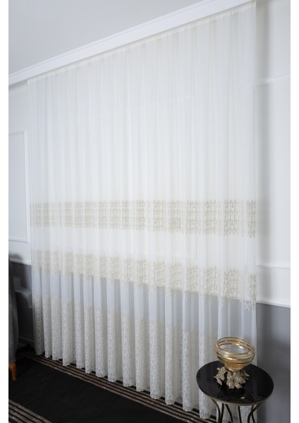 Kayra Gold Işlemeli 1/2 Orta Pileli Ütü Istemez Kırışmaz Yeni Sezon Salon Oda Tül Perdesi