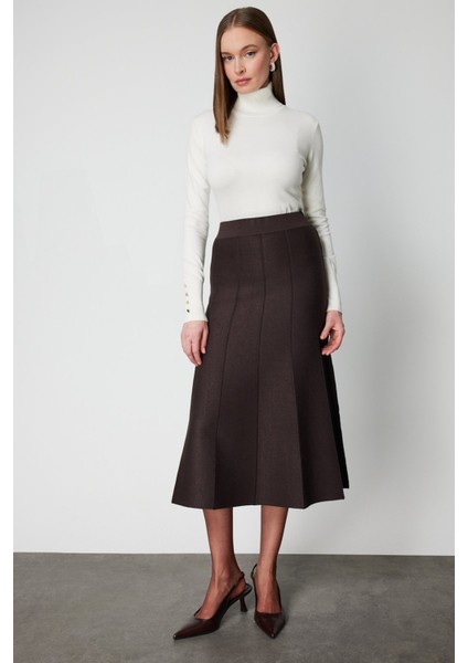 Kadın Pileli Midi Triko Etek 65210 Kahverengi