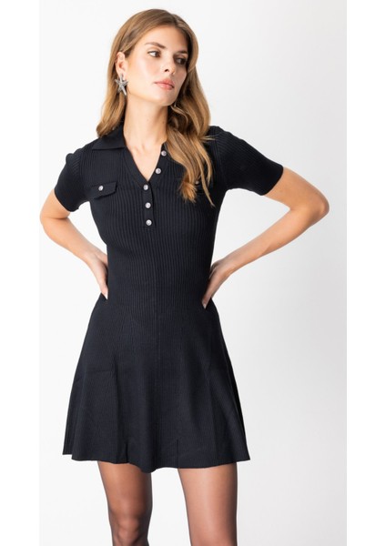 Kadın Eteği Volanlı Mini Triko Elbise 65401 Siyah