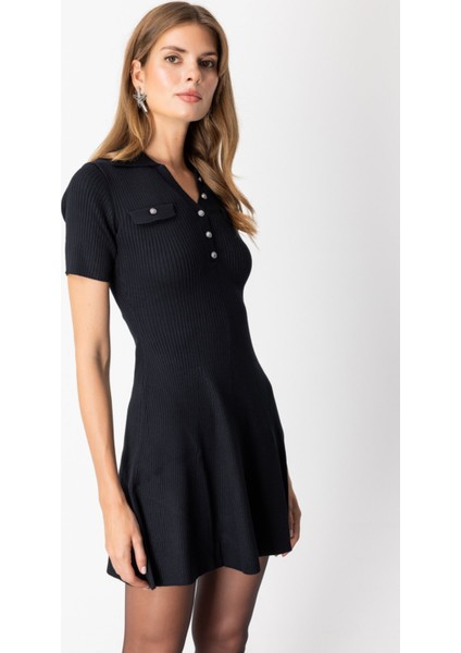 Kadın Eteği Volanlı Mini Triko Elbise 65401 Siyah fiyatları