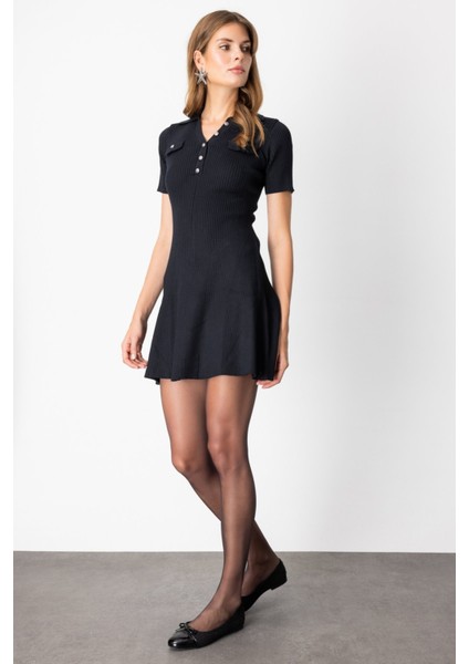 Kadın Eteği Volanlı Mini Triko Elbise 65401 Siyah modelleri