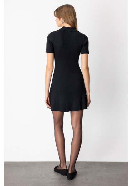 Kadın Eteği Volanlı Mini Triko Elbise 65401 Siyah fırsatları