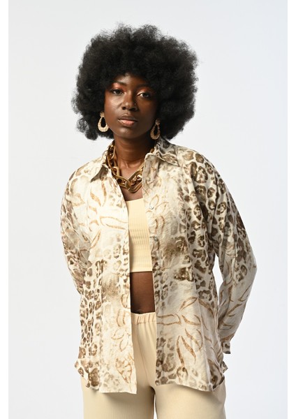 Kadın Leopar ve Çiçek Desenli Gömlek