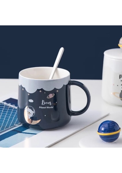 Lacivert Gezegen-Uzay Figürlü Seramik Kupa-Kaşıklı Kapaklı Planet bardak