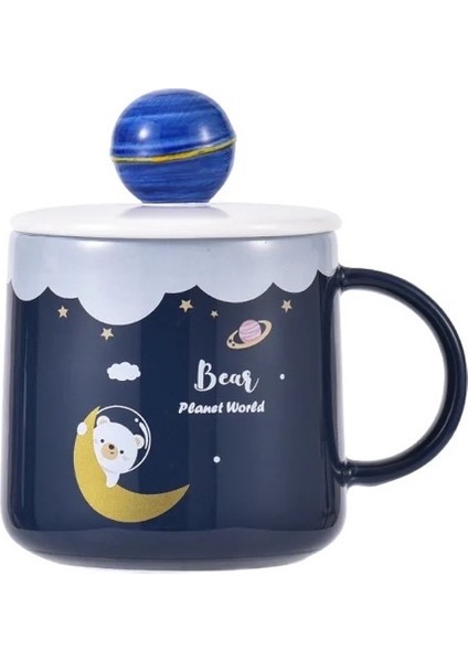 Lacivert Gezegen-Uzay Figürlü Seramik Kupa-Kaşıklı Kapaklı Planet bardak fırsatları