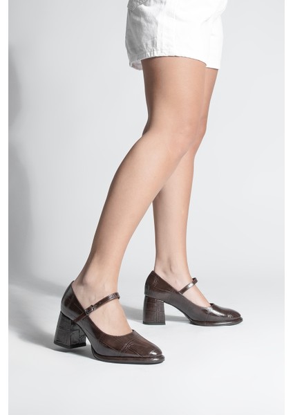 Kadın Loafer İnce Bantlı Kalın Topuklu Günlük Ayakkabı Vikas Kahve Croco fırsatları