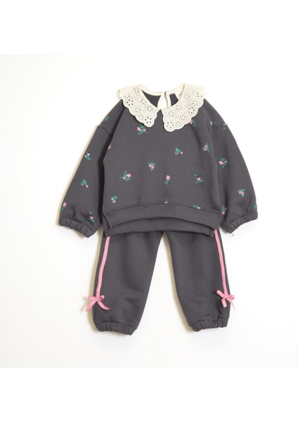 Kız Çocuk Yakalı Çiçek Desenli Takım