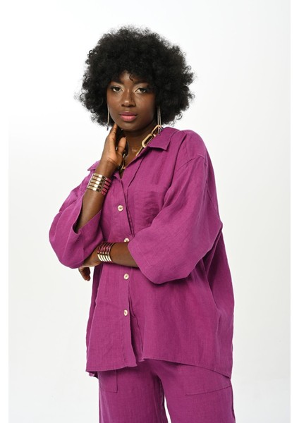 Kadın Düz Renk Tek Cepli %100 Keten Gömlek modelleri