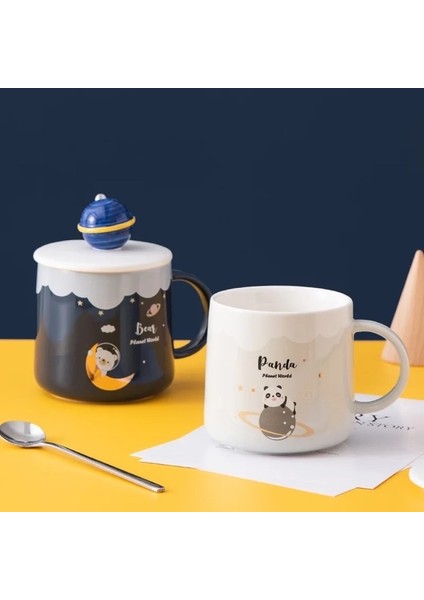 Gezegen Figürlü Seramik Kupa -Planet kupa-Uzay Bardak-Kaşıklı kapaklı modelleri