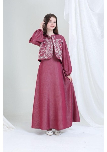 Nakışlı Ceketli Pamuk Keten Elbise Bordo