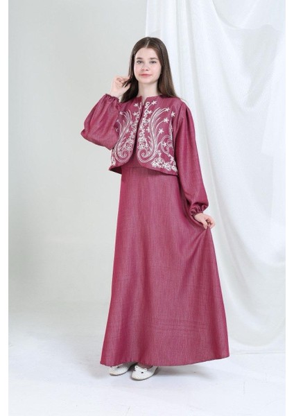 Nakışlı Ceketli Pamuk Keten Elbise Bordo modelleri