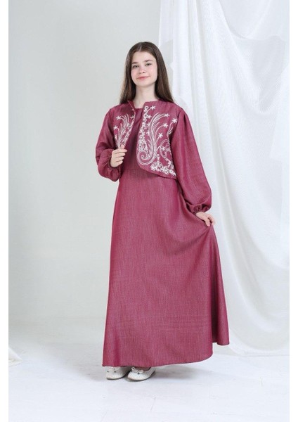 Nakışlı Ceketli Pamuk Keten Elbise Bordo fırsatları