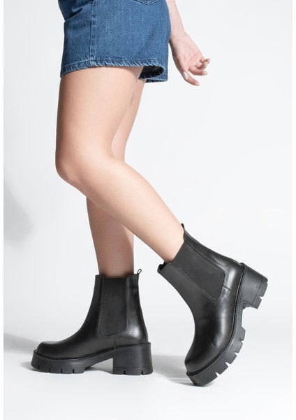 Kadın Hakiki Deri Çift Lastikli Kalın Topuklu Günlük Bot Viper Siyah fırsatları