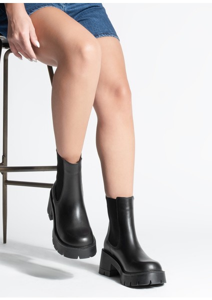 Kadın Hakiki Deri Çift Lastikli Kalın Topuklu Günlük Bot Viper Siyah