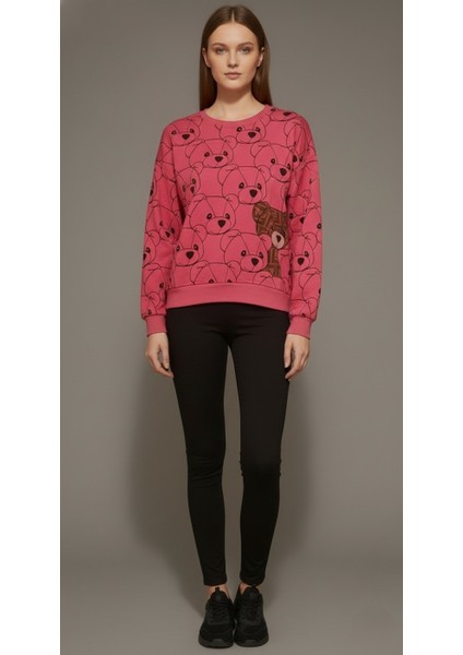 Kadın Pembe Ayıcık Baskılı Sweatshirt – 3 Iplik Şardonsuz, %100 Pamuk Rahat Kalıp fiyatları