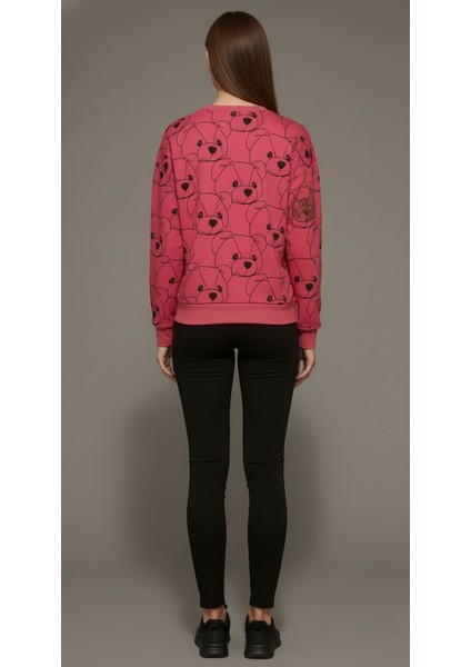 Kadın Pembe Ayıcık Baskılı Sweatshirt – 3 Iplik Şardonsuz, %100 Pamuk Rahat Kalıp fırsatları