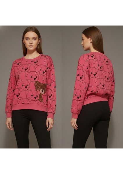 Kadın Pembe Ayıcık Baskılı Sweatshirt – 3 Iplik Şardonsuz, %100 Pamuk Rahat Kalıp indirimleri