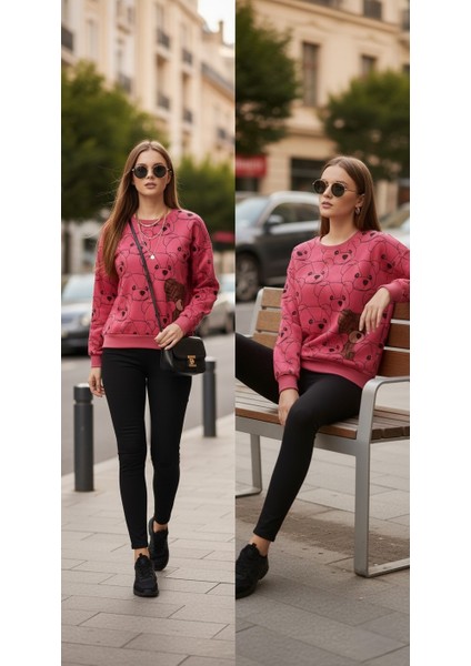 Kadın Pembe Ayıcık Baskılı Sweatshirt – 3 Iplik Şardonsuz, %100 Pamuk Rahat Kalıp