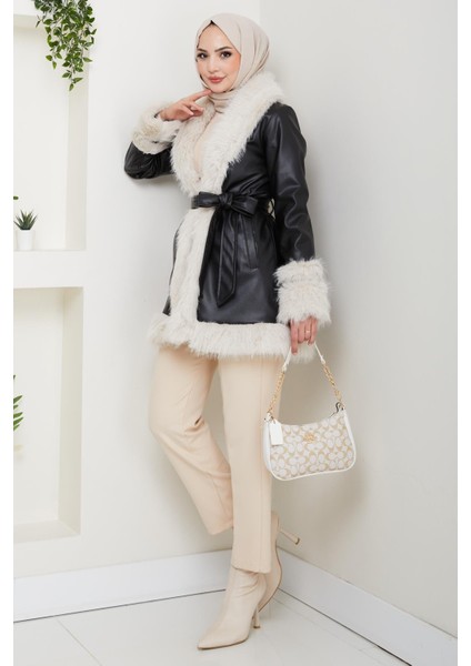 Kadın Içi Astarlı Tüylü Kemerli Deri Siyah Ceket