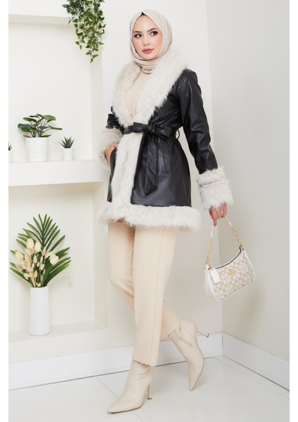 Kadın Içi Astarlı Tüylü Kemerli Deri Siyah Ceket fiyatları