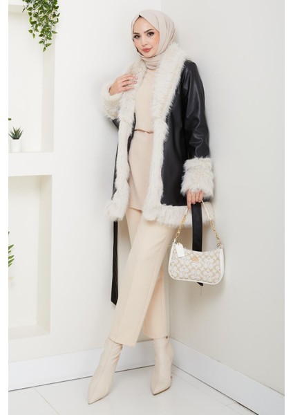 Kadın Içi Astarlı Tüylü Kemerli Deri Siyah Ceket modelleri