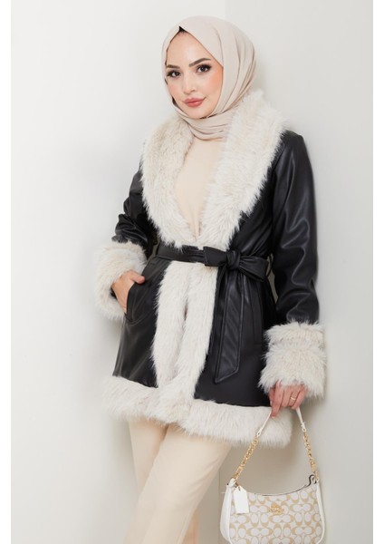 Kadın Içi Astarlı Tüylü Kemerli Deri Siyah Ceket fırsatları