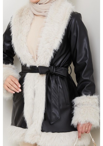 Kadın Içi Astarlı Tüylü Kemerli Deri Siyah Ceket indirimleri