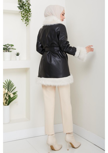 Kadın Içi Astarlı Tüylü Kemerli Deri Siyah Ceket