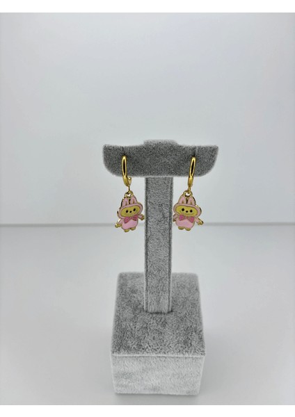 Pembe Renkli Labubu Gold Küpe