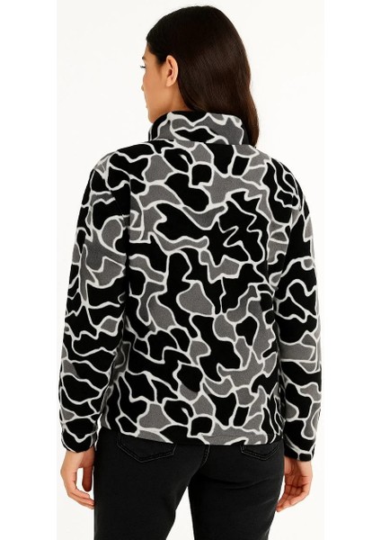 Kadın Yarım Fermuarlı Desenli Polar Sweat Yakalı, Uzun Kollu, Oversize Rahat Kalıp - Siyah fiyatları