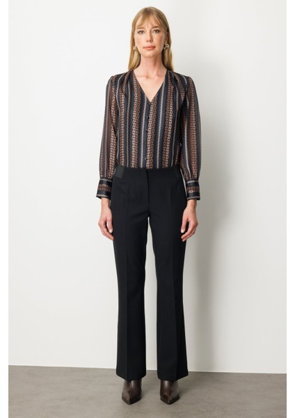 Kadın Beli Kalın Lastikli Ispanyol Paça Pantolon 1105 Siyah