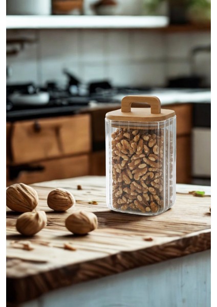 Lunel Bambu Vakum Kapaklı Kare Çizgili Cam Kavanoz – Çay Kahve Bakliyat Saklama Kabı 1100 ml