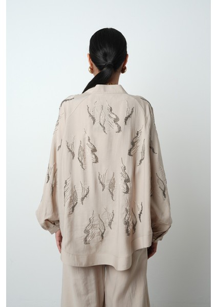 Kadın Arkası ve Kolları Taş Işlemeli Oversize Kimono