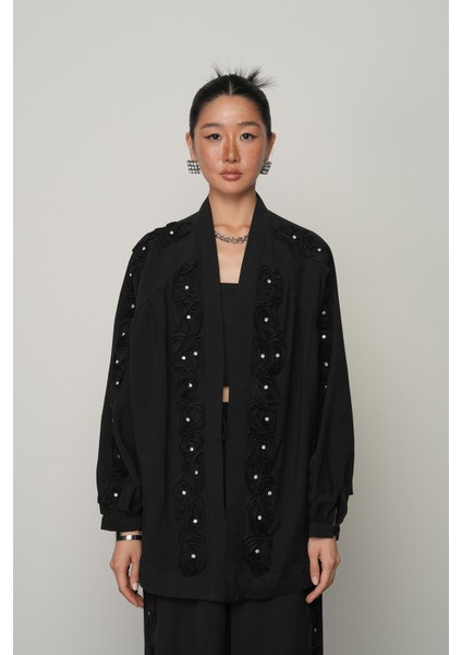 Kadın Şerit Gül ve Taş Detaylı Düz Oversize Kimono