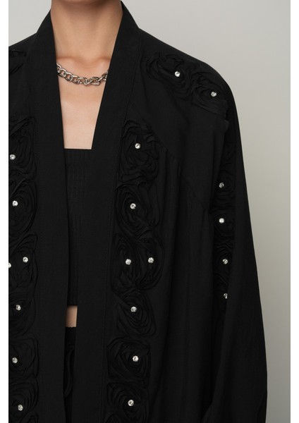 Kadın Şerit Gül ve Taş Detaylı Düz Oversize Kimono modelleri