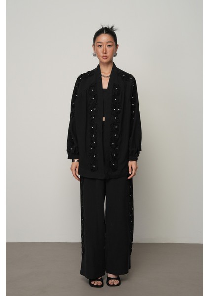 Kadın Şerit Gül ve Taş Detaylı Düz Oversize Kimono fırsatları