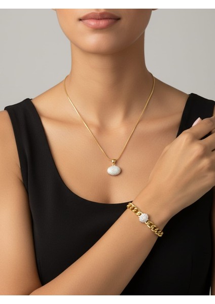 Kolye Bileklik Gold Çelik Takı Seti 307