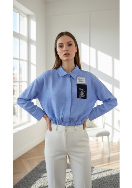 Kadın Uzun Kollu Beli Lastikli Mavi Gömlek