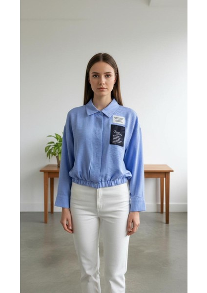 Kadın Uzun Kollu Beli Lastikli Mavi Gömlek modelleri