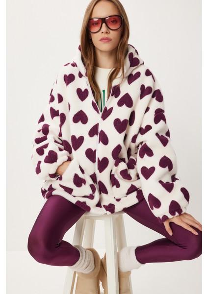 Kapüşonlu Kalpli Peluş Mont LRI0005 Mor Ekru