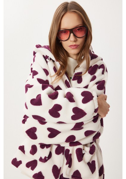 Kapüşonlu Kalpli Peluş Mont LRI0005 Mor Ekru fiyatları