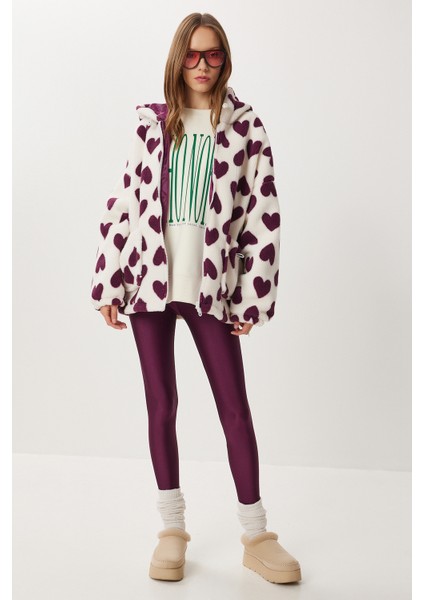 Kapüşonlu Kalpli Peluş Mont LRI0005 Mor Ekru modelleri