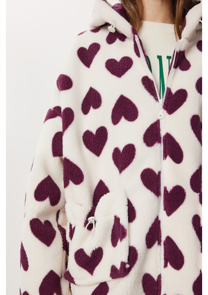 Kapüşonlu Kalpli Peluş Mont LRI0005 Mor Ekru fırsatları