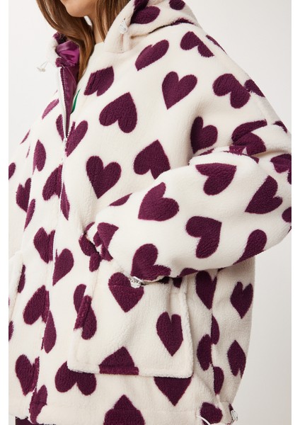 Kapüşonlu Kalpli Peluş Mont LRI0005 Mor Ekru indirimleri
